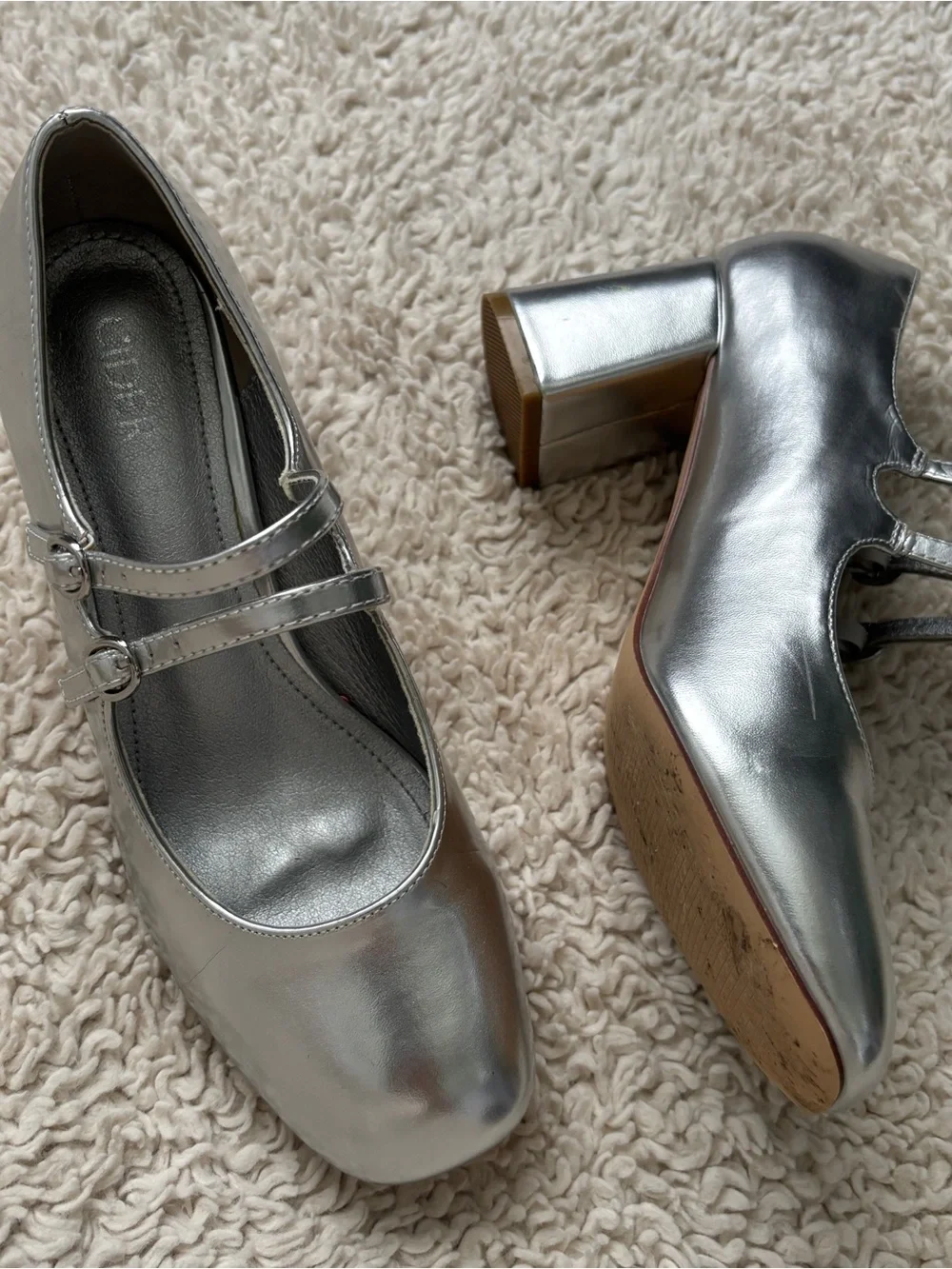 Cider Metallic Silver Double-Strap Mary Jane Block Heels